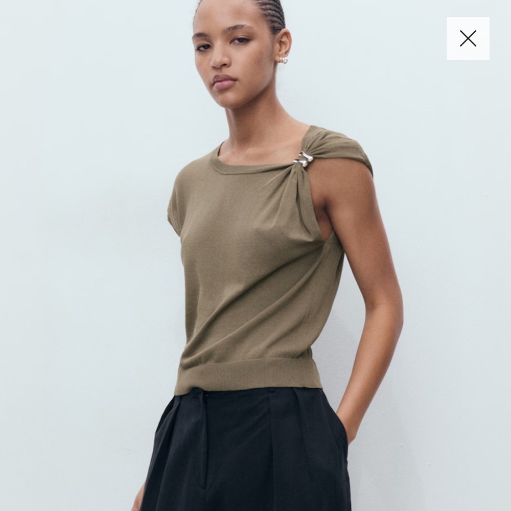 Mango Metal Detail Knit Green Beige Ecru Silver Elegant Olive Green  Top